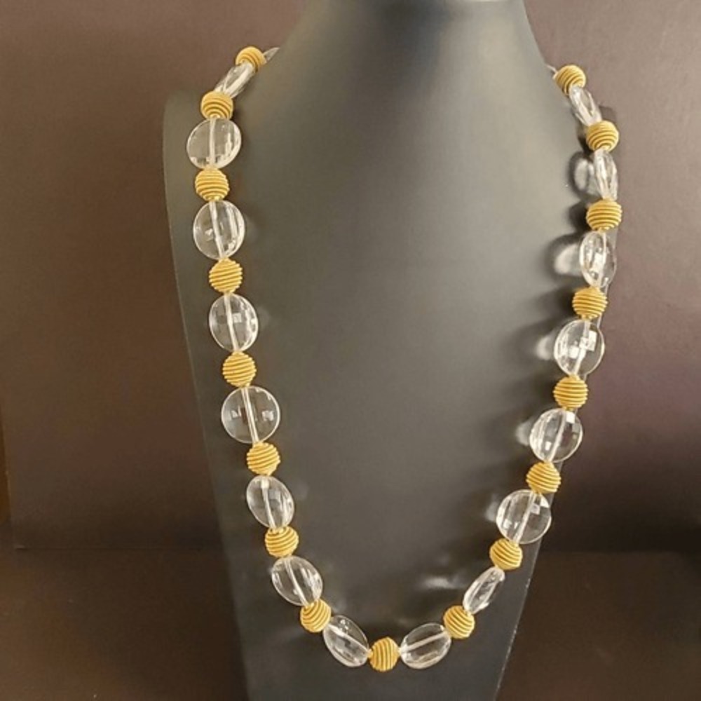 Kate Spade New York Clear Flat Lucite Disc and Gold Coil Bead Necklace Signed
